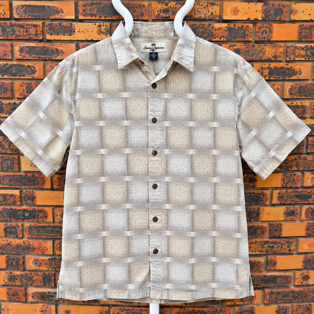 Chemise Hawaïenne Vintage Tommy Bahama - Motif Géométrique Abstrait Beige - Soie - M