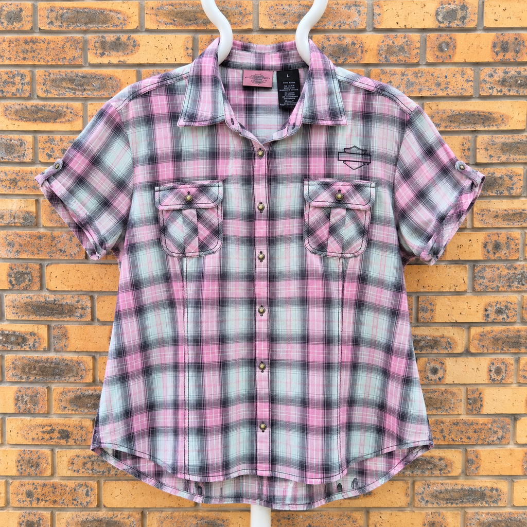 Chemise Harley-Davidson Femme Carreaux Rose — Logo Ailes Brodé — L — Très bon état
