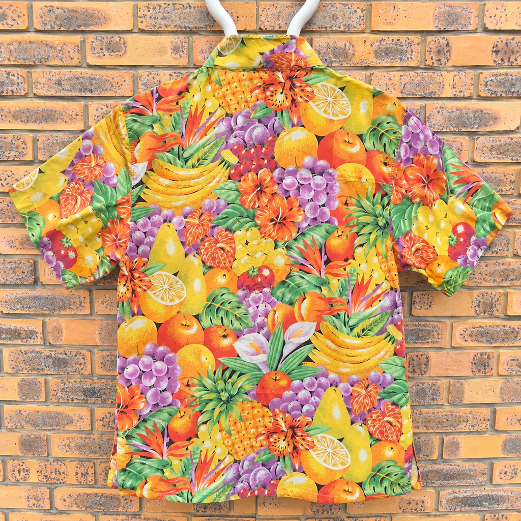 Chemise Aloha Mixed Blues Fruits Tropicaux Jaune — Made in Philippines — S — Bon état