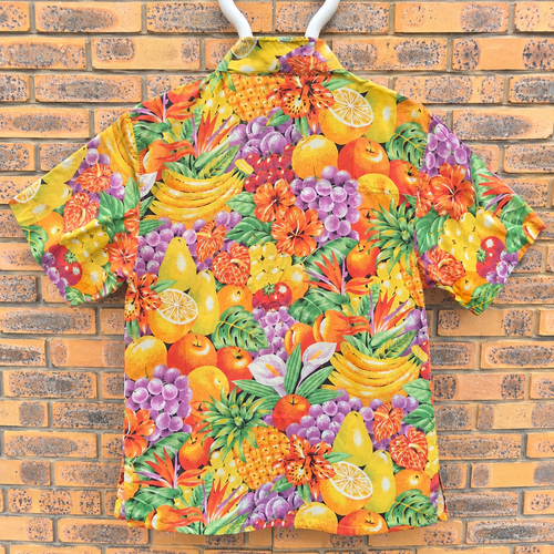 Chemise Aloha Mixed Blues Fruits Tropicaux Jaune — Made in Philippines — S — Bon état