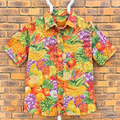 Chemise Aloha Mixed Blues Fruits Tropicaux Jaune — Made in Philippines — S — Bon état