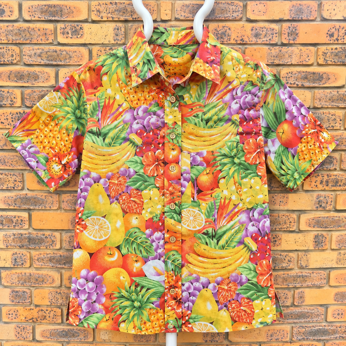 Chemise Aloha Mixed Blues Fruits Tropicaux Jaune — Made in Philippines — S — Bon état