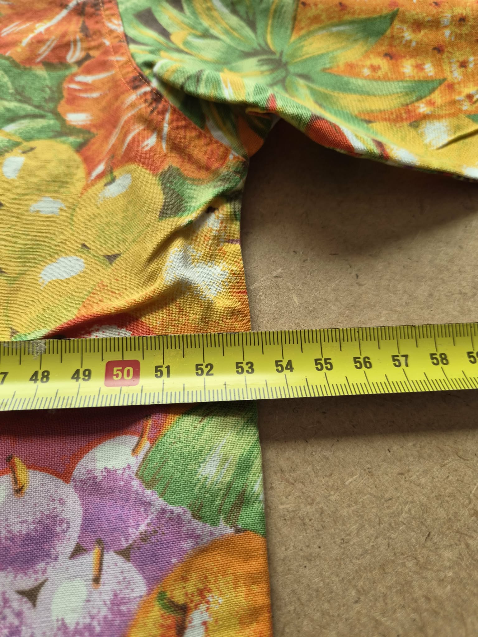 Chemise Aloha Mixed Blues Fruits Tropicaux Jaune — Made in Philippines — S — Bon état