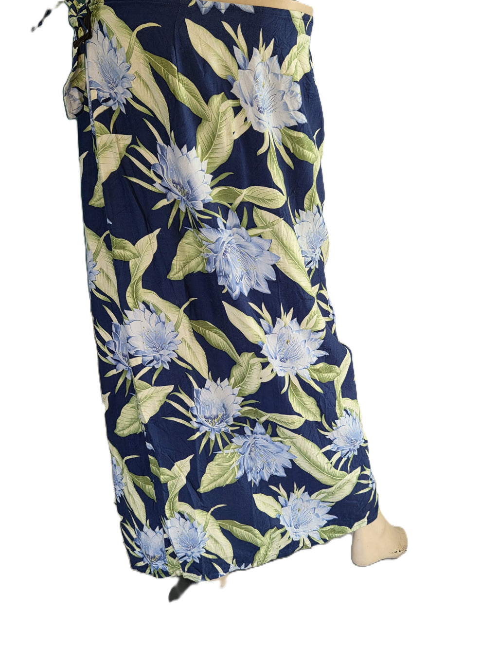 Jupe Maxi Portefeuille 100% Soie Tropicale Bleu Marine — Fleurs Lavande Feuilles Vertes — M (8/10) — Très bon état
