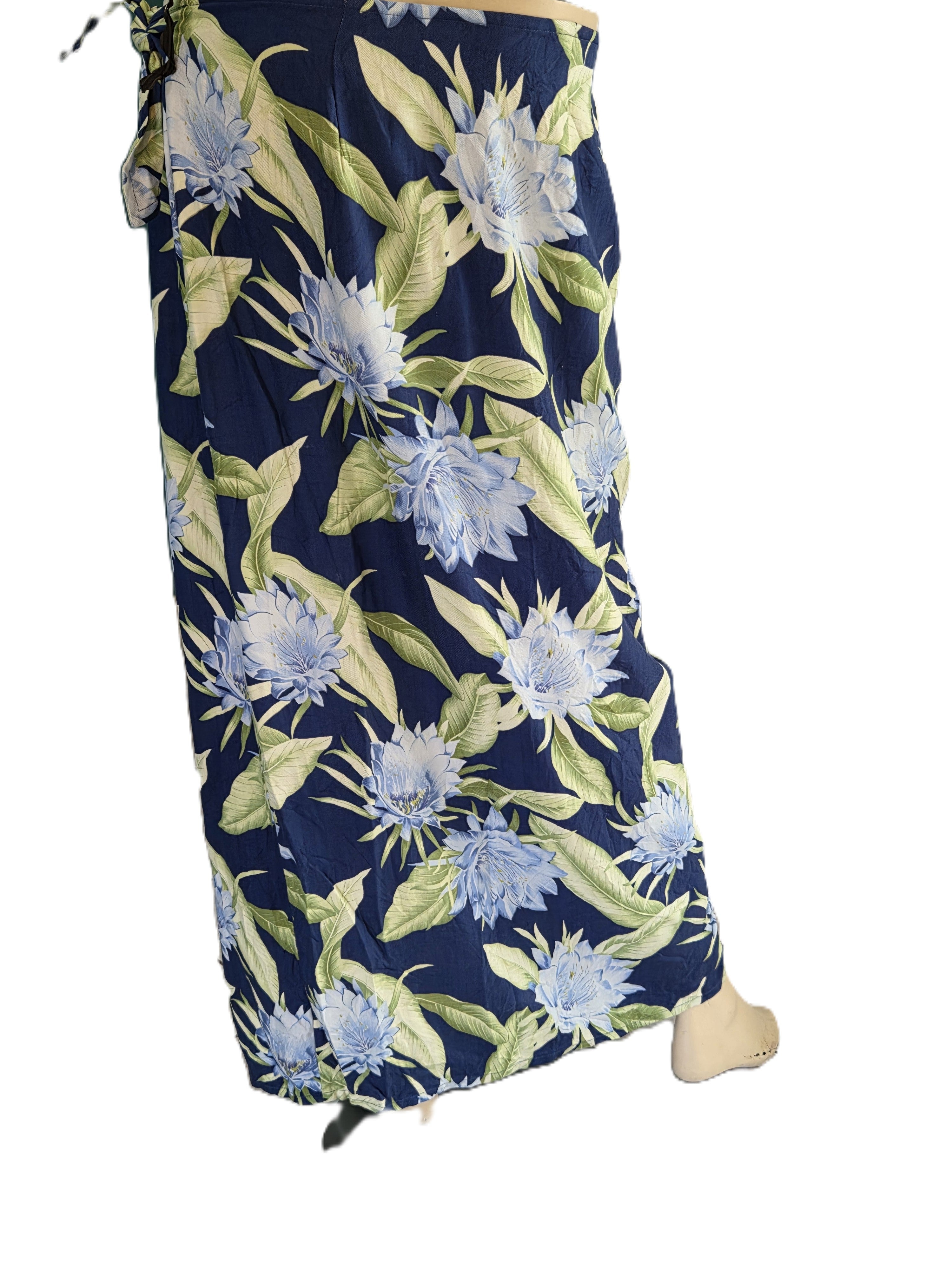Jupe Maxi Portefeuille 100% Soie Tropicale Bleu Marine — Fleurs Lavande Feuilles Vertes — M (8/10) — Très bon état