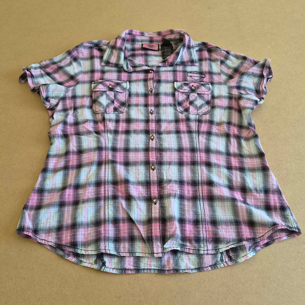 Chemise Harley-Davidson Femme Carreaux Rose — Logo Ailes Brodé — L — Très bon état